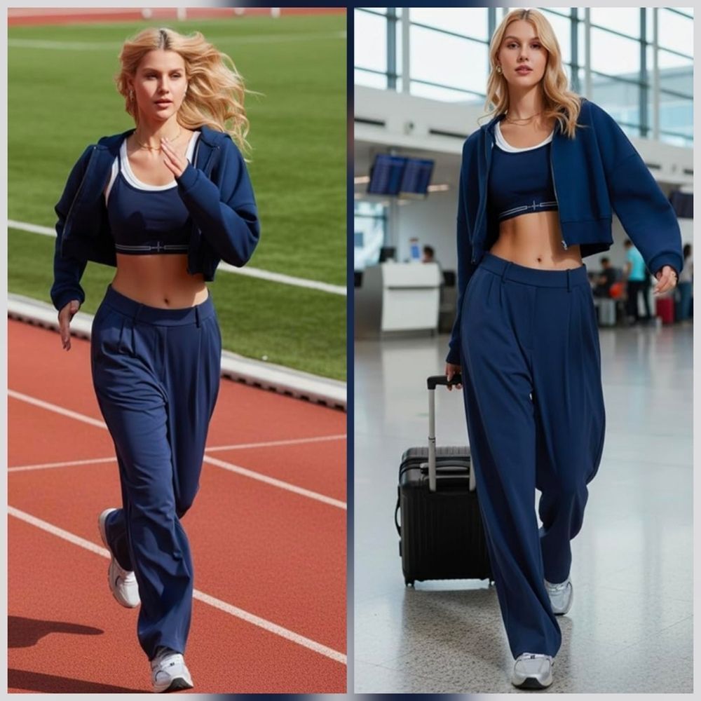 💬🩵🅰️NWT Blue Zipper Crop Hoodie & Wide Leg Pants Large - Picture 2 of 15